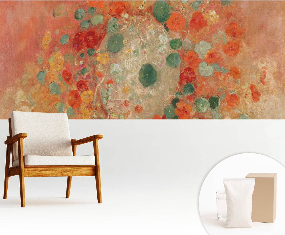 Wallfluent Fotobehang - Oranje Vliesbehang - 250x104 cm - Abstracte Bloemen Muurschildering - Slaapkamer behang Bloemen En Planten - Fotobehang Vlies - Slaapkamer behang