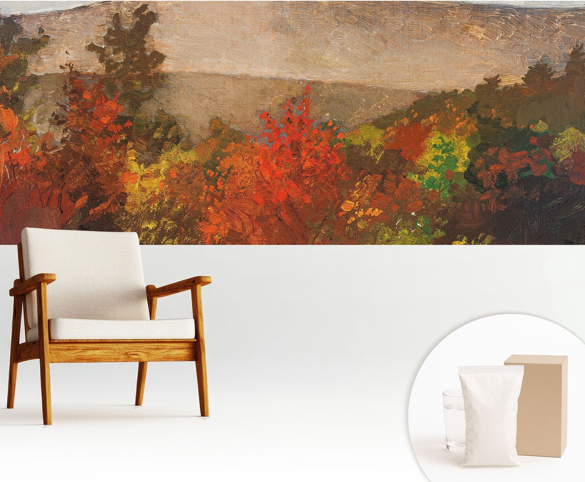 Wallfluent Fotobehang - Rood Vliesbehang - 250x104 cm - Herfstpanorama Muurschildering - Gang behang Landschappen - Fotobehang Vlies - Gang behang