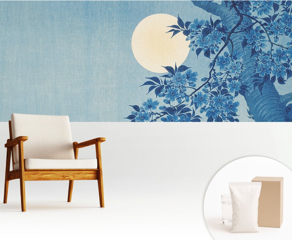 Wallfluent Fotobehang - Blauw Vliesbehang - 250x104 cm - Bloemenmaan Muurschildering - Slaapkamer behang Landschappen - Fotobehang Vlies - Gang behang