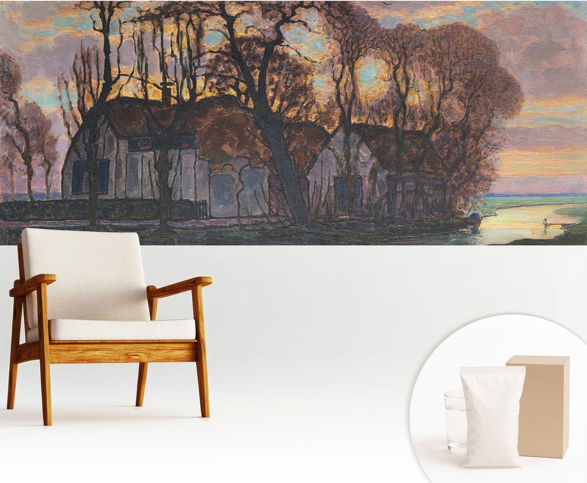 Wallfluent Fotobehang - Grijs Vliesbehang - 250x104 cm - Avondlandschap Fotobehang Vlies - Hal behang Landschappen - Muurschildering - Woonkamer behang
