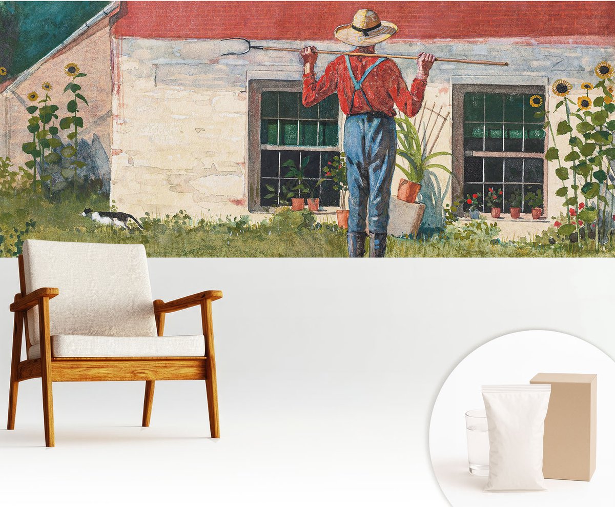 Wallfluent Fotobehang - Grijs Vliesbehang - 250x104 cm - Dorpsscène Fotobehang Vlies - Woonkamer behang Landschappen - Muurschildering - Woonkamer behang