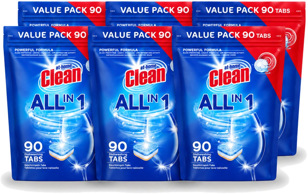 6 x At Home – Vaatwastabletten All-in-1 – Krachtige Reiniging – 90 Tabs - Voordeelverpakking - 6 stuks