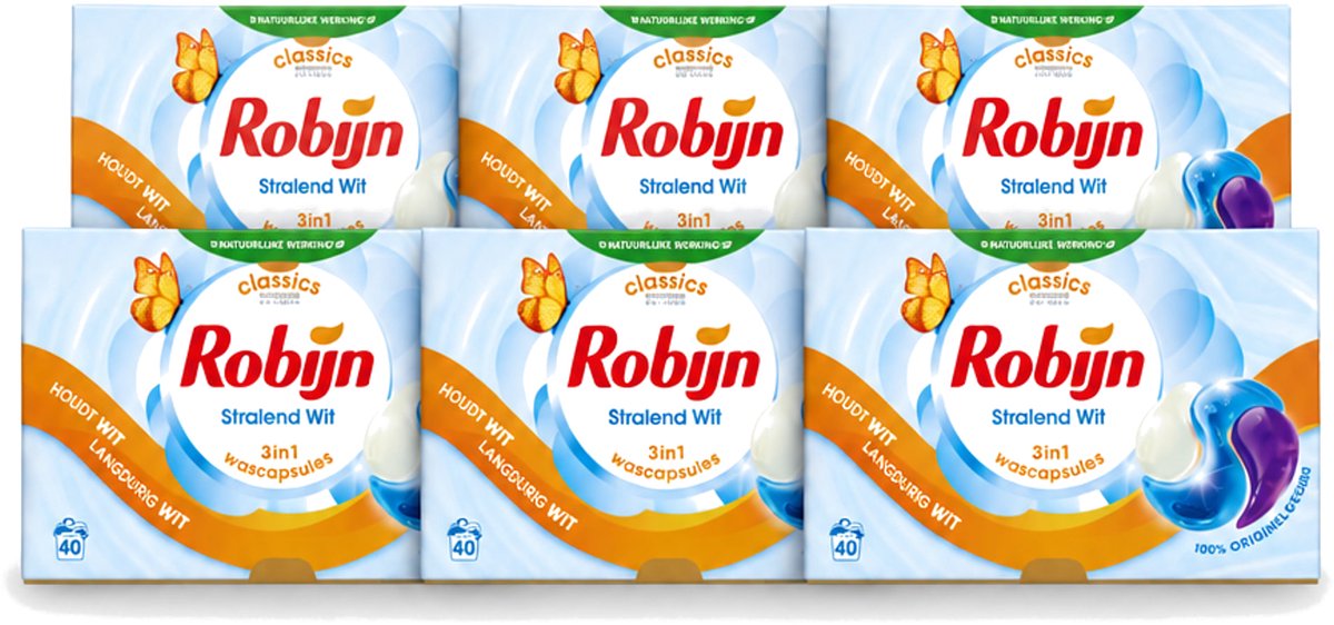 6 x Robijn - Stralend Wit - 3-in-1 Wascapsules - Houdt Langdurig Wit - 40 Wascapsules - Voordeelverpakking - 6 stuks