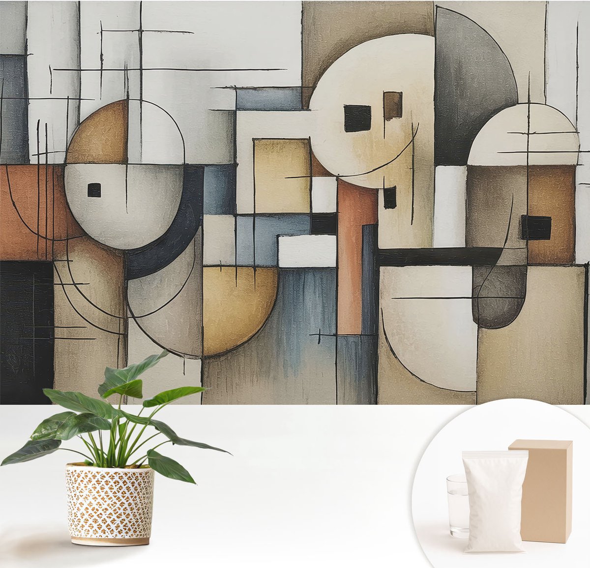 Wallfluent Fotobehang - Grijs Vliesbehang - 152x104 cm - Geometrische Harmonie Muurschildering - Gang behang Abstractie - Fotobehang Vlies - Slaapkamer behang