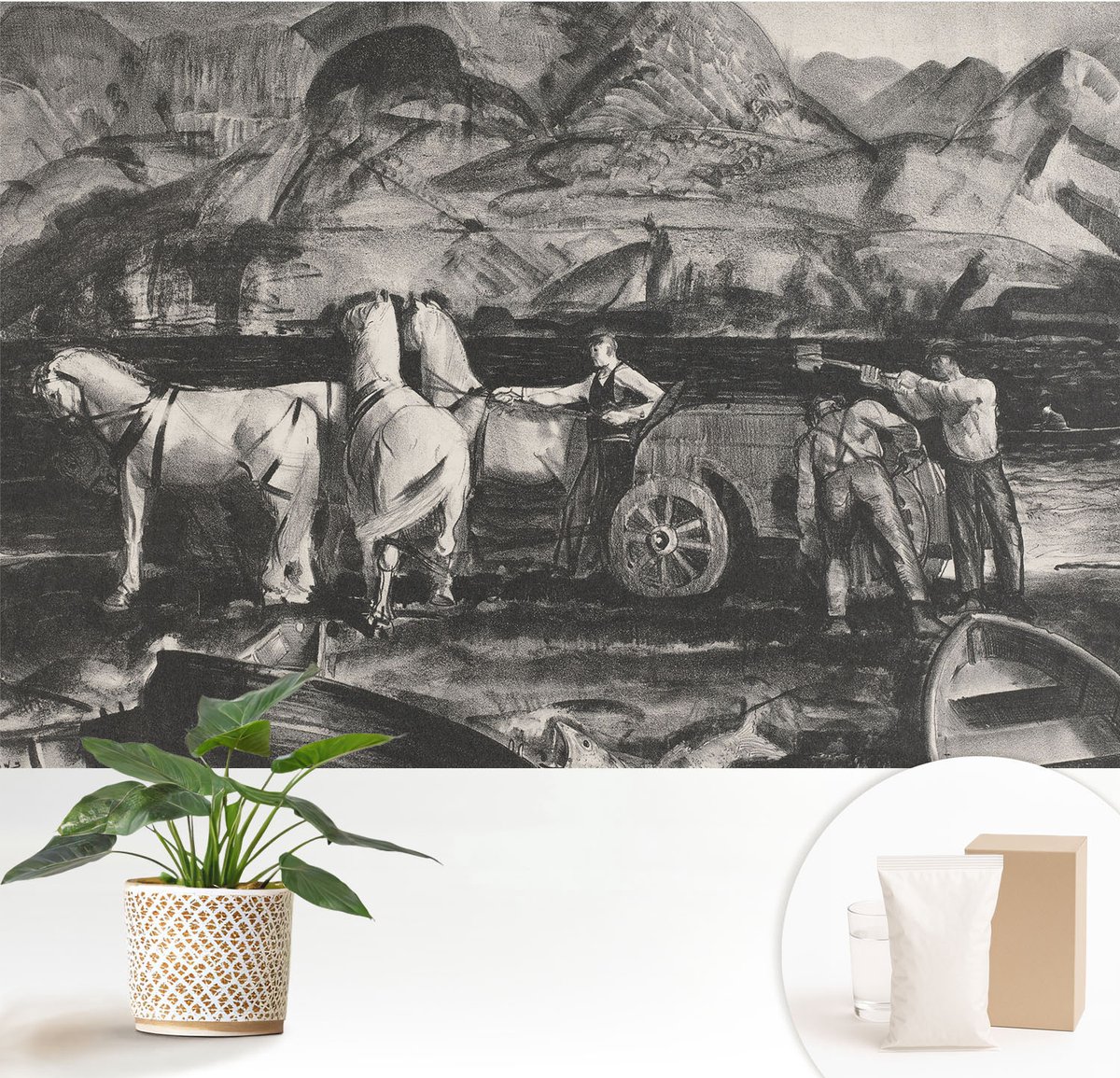Wallfluent Fotobehang - Zwart-Wit Vliesbehang - 152x104 cm - Dorpsscène Muurschildering - Slaapkamer behang Mensen - Fotobehang Vlies - Slaapkamer behang