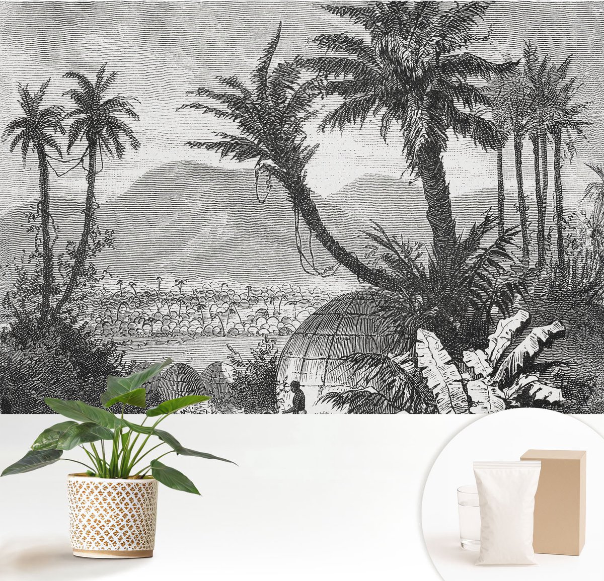 Wallfluent Fotobehang - Zwart-Wit Vliesbehang - 152x104 cm - Tropische Oase Muurschildering - Gang behang Landschappen - Fotobehang Vlies - Gang behang