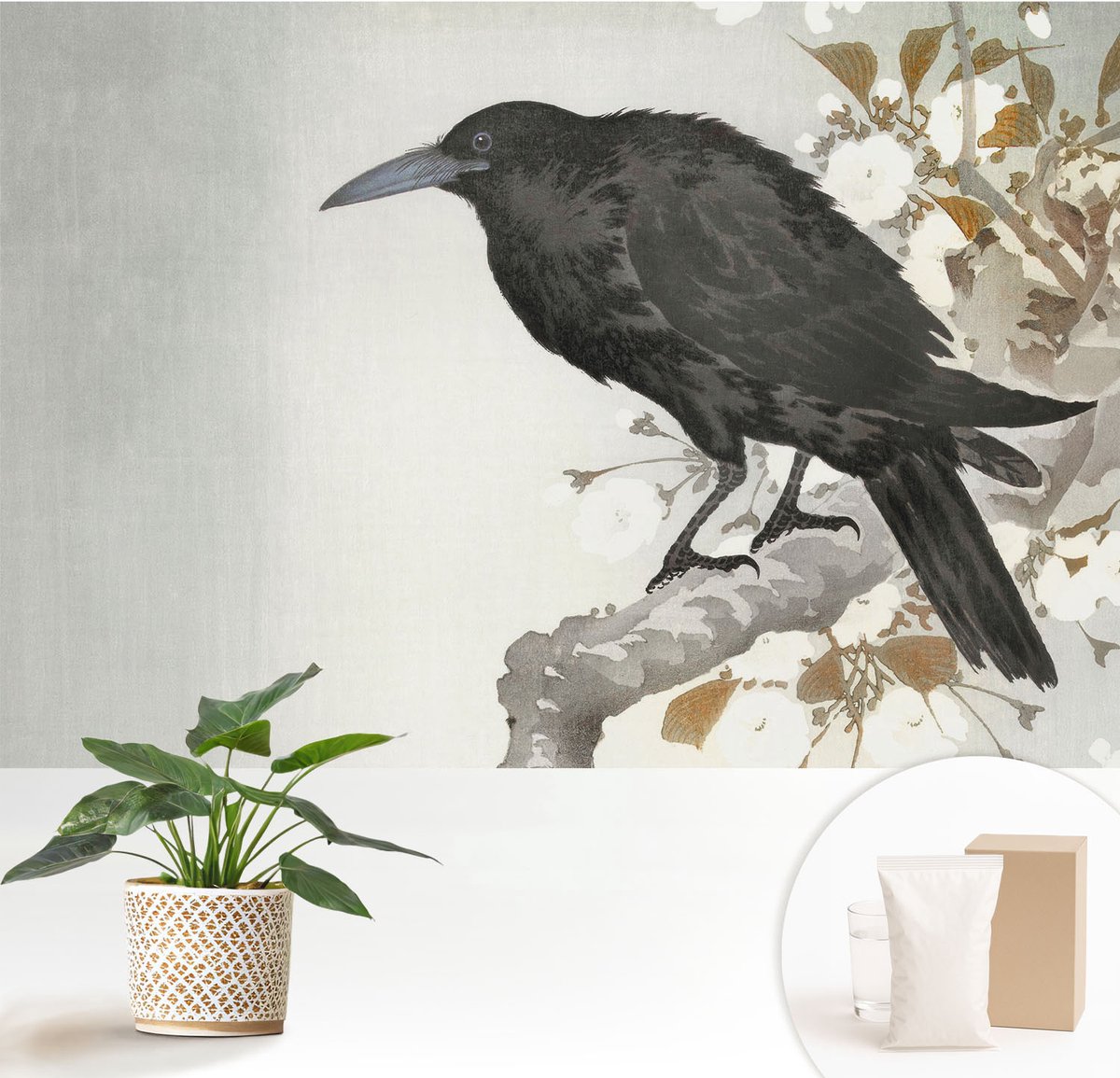 Wallfluent Fotobehang - Zwart Vliesbehang - 152x104 cm - Raaf In De Bloemen Muurschildering - Gang behang Dieren - Fotobehang Vlies - Slaapkamer behang