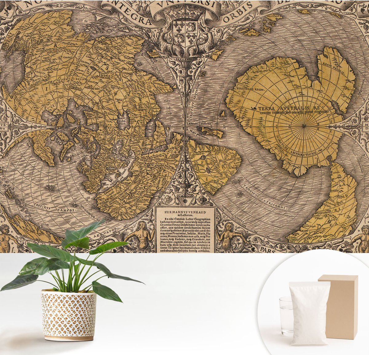 Wallfluent Fotobehang - Geel Vliesbehang - 152x104 cm - Historische Cartografie Muurschildering - Gang behang Kaarten - Fotobehang Vlies - Slaapkamer behang