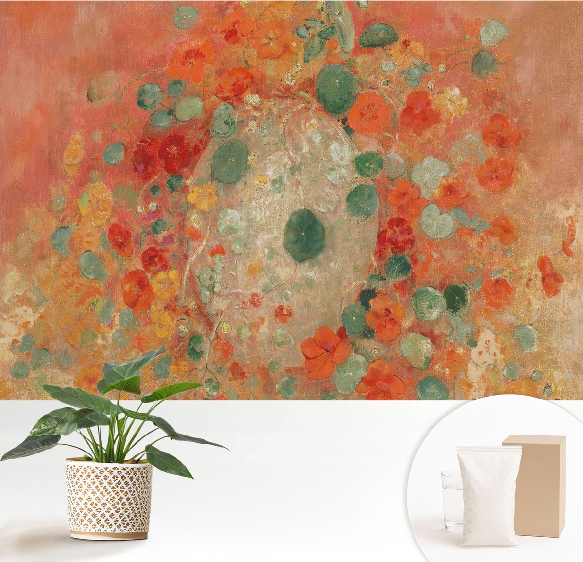 Wallfluent Fotobehang - Oranje Vliesbehang - 152x104 cm - Abstracte Bloemen Muurschildering - Gang behang Bloemen En Planten - Fotobehang Vlies - Slaapkamer behang