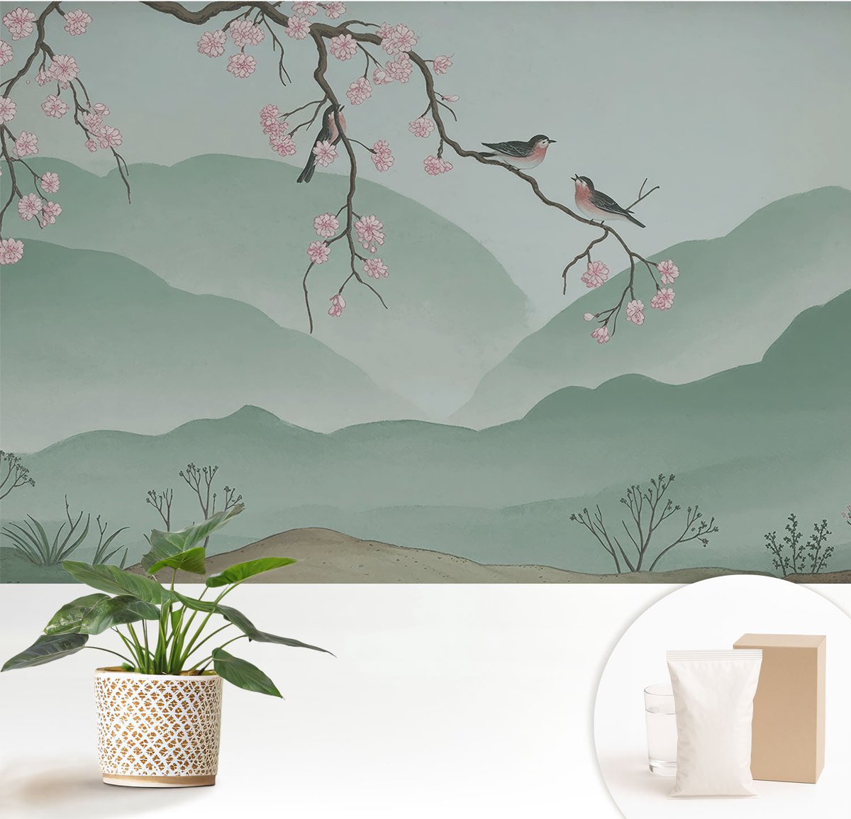 Wallfluent Fotobehang - Grijs Vliesbehang - 152x104 cm - Japanse Serenade Fotobehang Vlies - Hal behang Bloemen En Planten - Muurschildering - Woonkamer behang