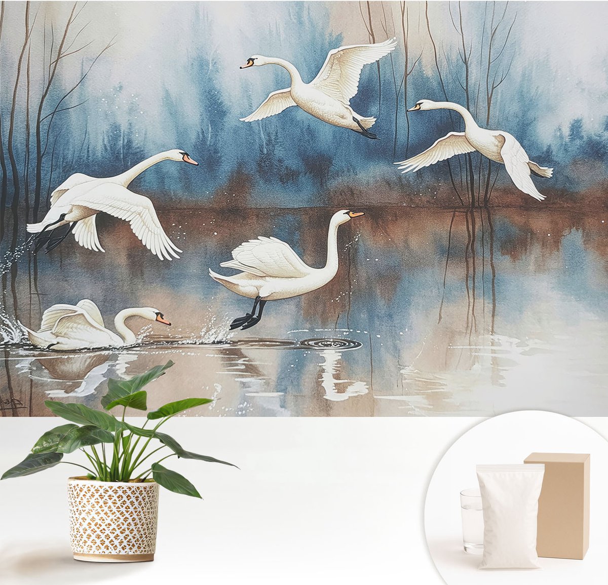 Wallfluent Fotobehang - Wit Vliesbehang - 152x104 cm - Vogels In Vlucht Fotobehang Vlies - Hal behang Dieren - Muurschildering - Hal behang