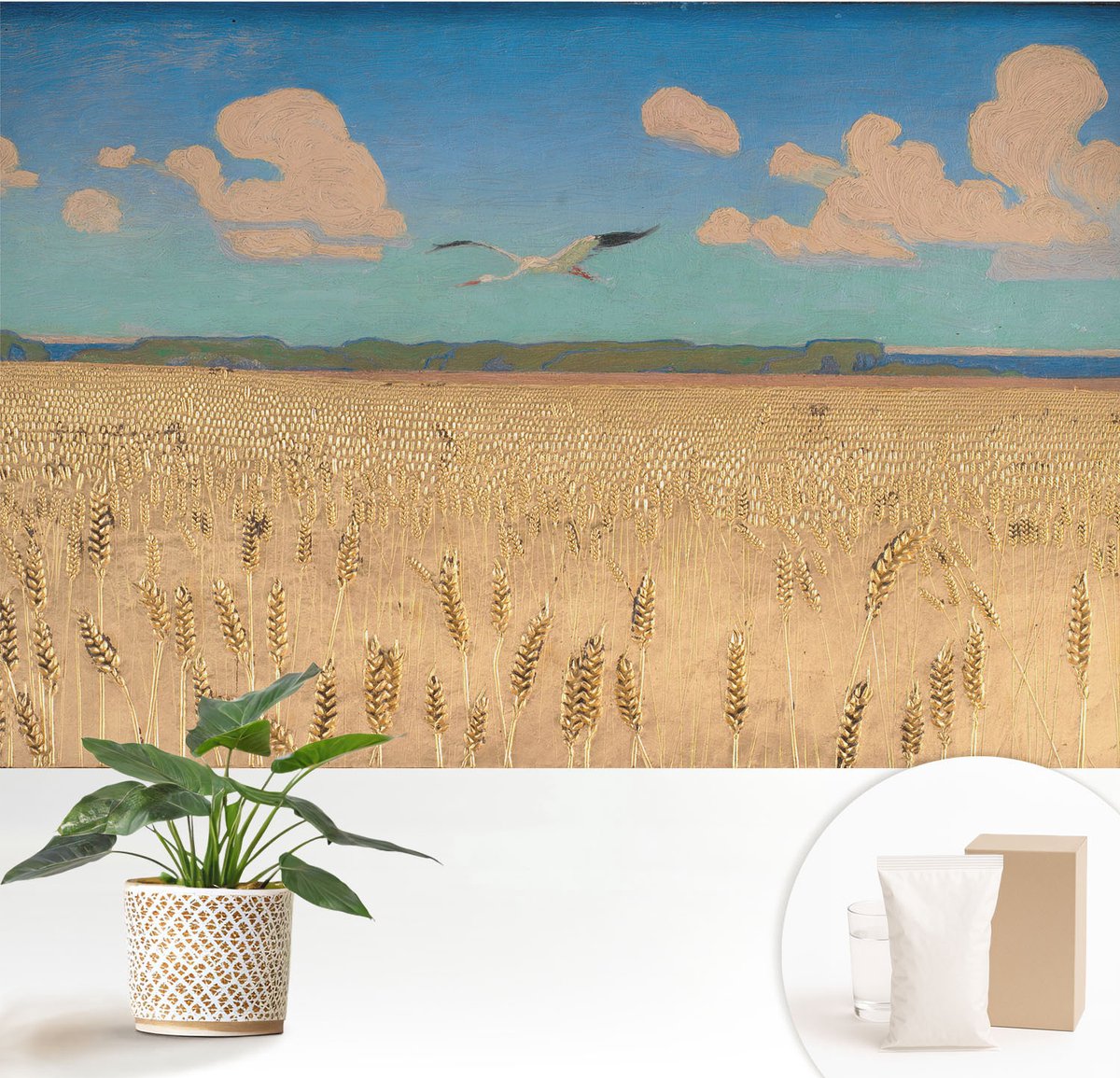 Wallfluent Fotobehang - Wit Vliesbehang - 152x104 cm - Tarweveld Fotobehang Vlies - Hal behang Landschappen - Muurschildering - Woonkamer behang