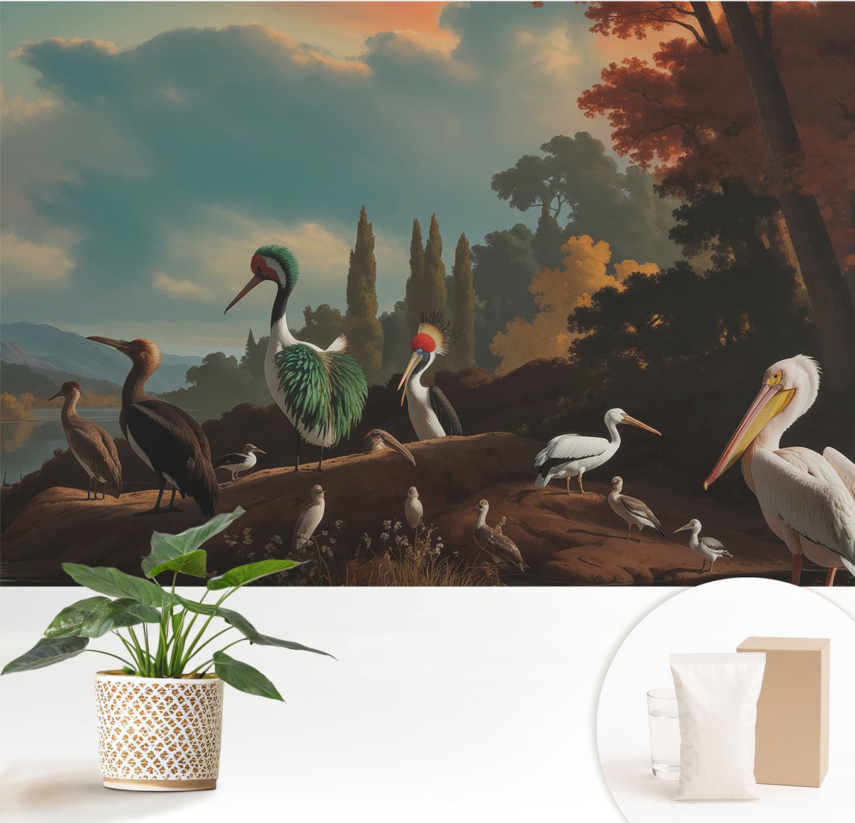 Wallfluent Fotobehang - Blauw Vliesbehang - 152x104 cm - Schilderachtige Vogels Muurschildering - Slaapkamer behang Landschappen - Fotobehang Vlies - Gang behang