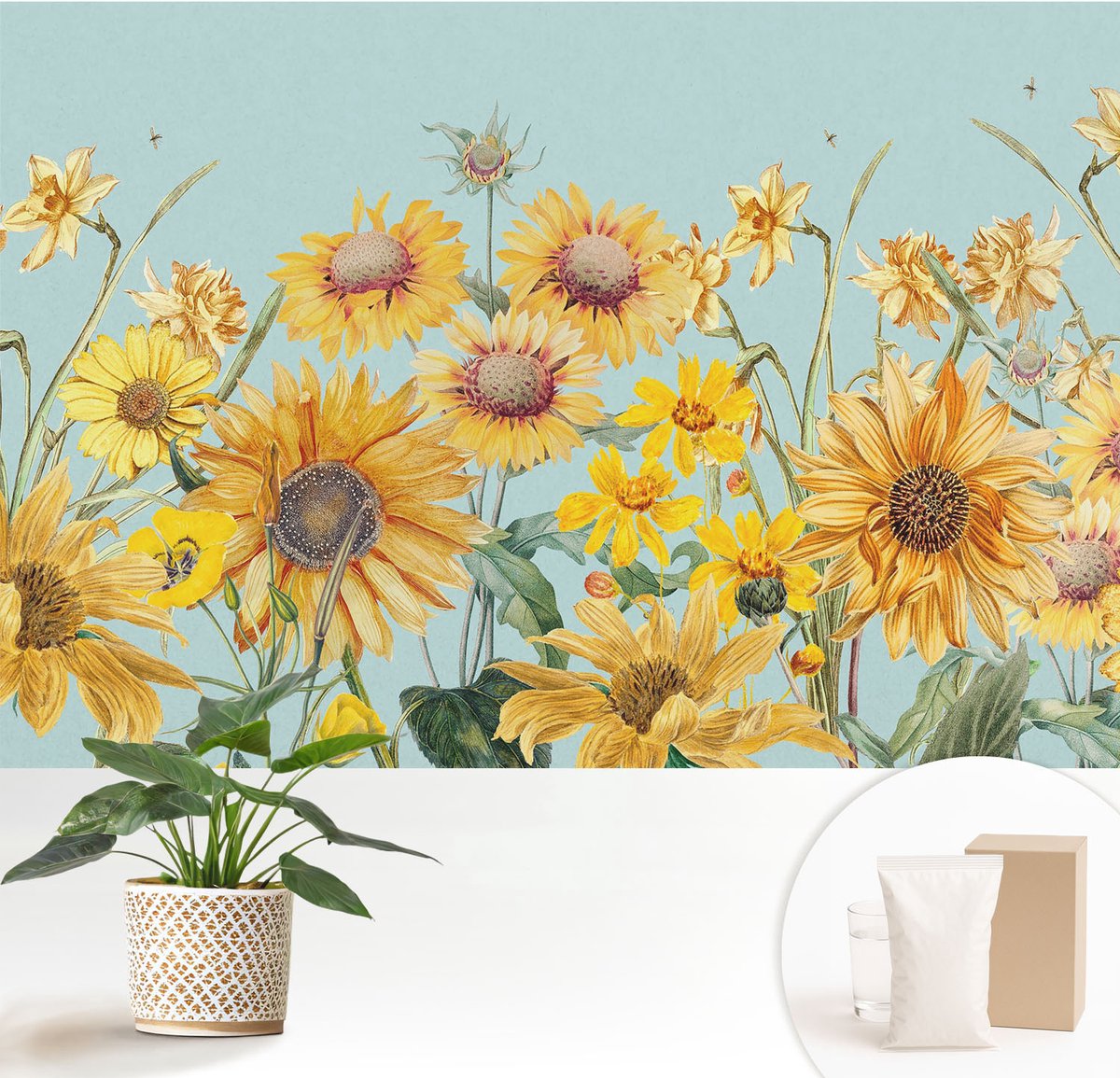 Wallfluent Fotobehang - Geel Vliesbehang - 152x104 cm - Zomertuin Muurschildering - Gang behang Bloemen En Planten - Fotobehang Vlies - Slaapkamer behang