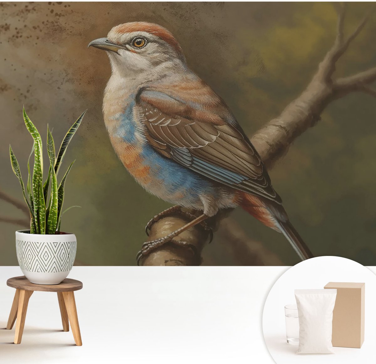 Wallfluent Fotobehang - Wit Vliesbehang - 208x146 cm - Vogelportret Fotobehang Vlies - Hal behang Dieren - Muurschildering - Woonkamer behang