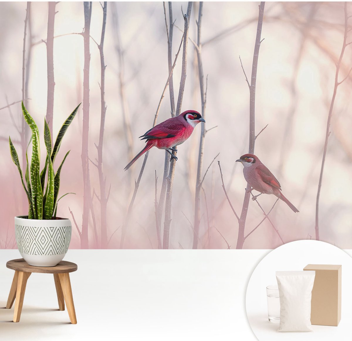 Wallfluent Fotobehang - Roze Vliesbehang - 208x146 cm - Vogelpaar Muurschildering - Slaapkamer behang Dieren - Fotobehang Vlies - Gang behang