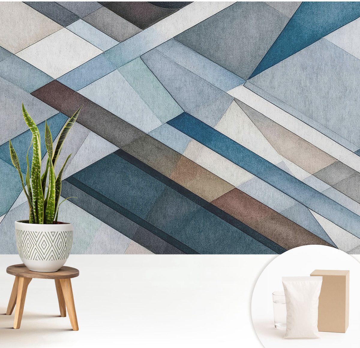Wallfluent Fotobehang - Blauw Vliesbehang - 208x146 cm - Abstracte Geometrie Fotobehang Vlies - Woonkamer behang Geometrie - Muurschildering - Hal behang