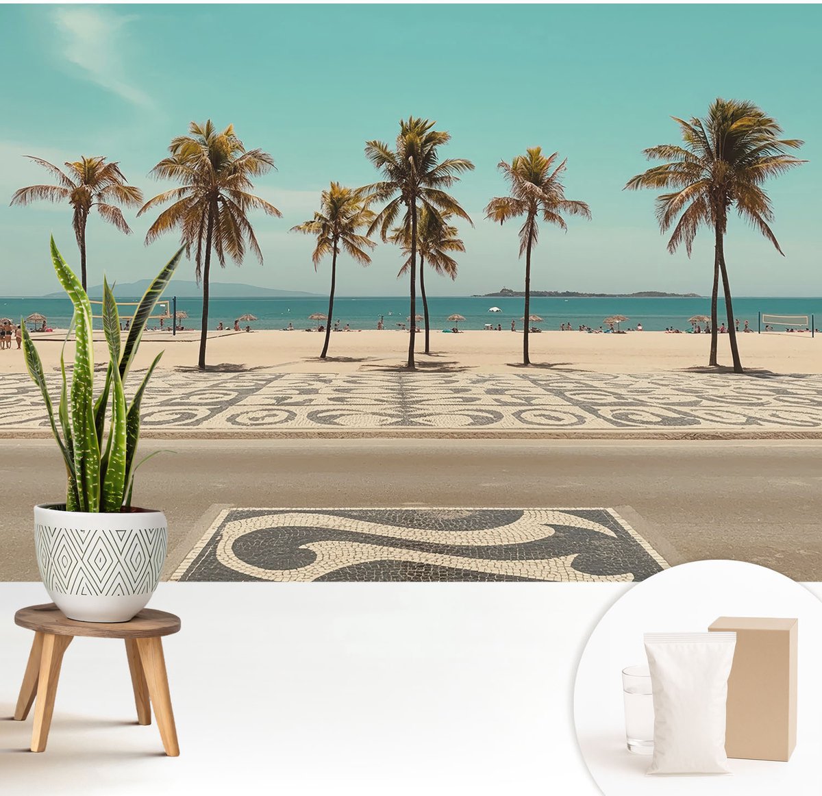 Wallfluent Fotobehang - Turkoois Vliesbehang - 208x146 cm - Palmbomenstrand Fotobehang Vlies - Hal behang Landschappen - Muurschildering - Hal behang