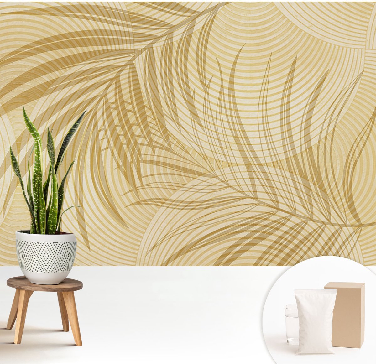 Wallfluent Fotobehang - Beige Vliesbehang - 208x146 cm - Tropische Elegantie Muurschildering - Slaapkamer behang Achtergronden En Patronen - Fotobehang Vlies - Slaapkamer behang