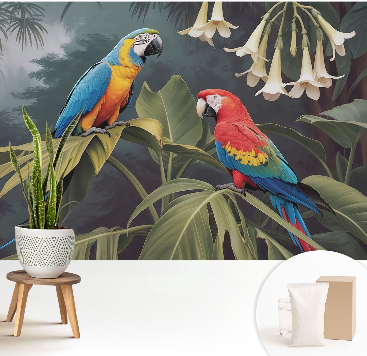 Wallfluent Fotobehang - Zwart Vliesbehang - 208x146 cm - Kleurrijke Papegaaien Fotobehang Vlies - Woonkamer behang Dieren - Muurschildering - Hal behang