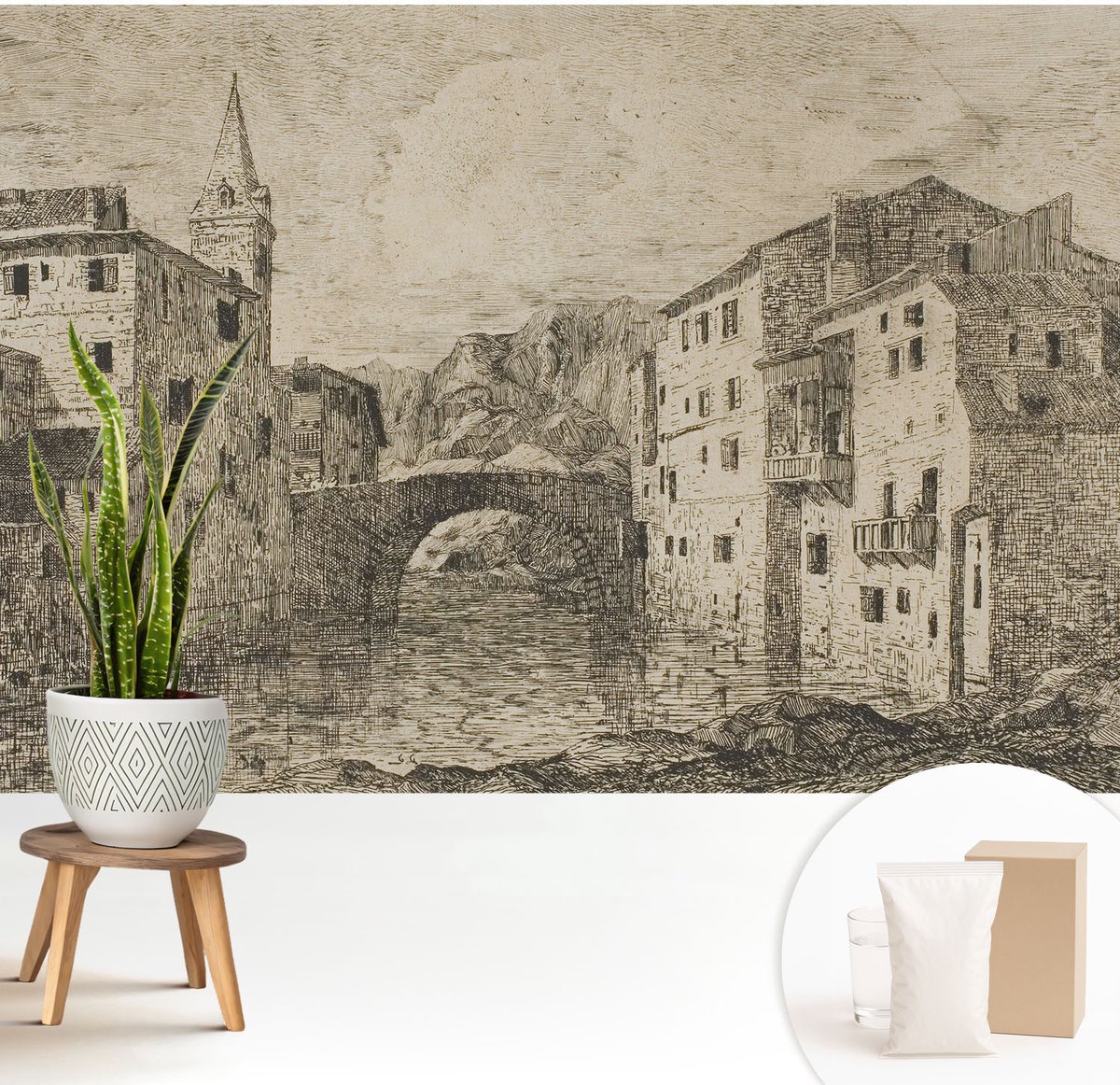 Wallfluent Fotobehang - Grijs Vliesbehang - 208x146 cm - Stadspanorama Fotobehang Vlies - Hal behang Architectuur - Muurschildering - Woonkamer behang