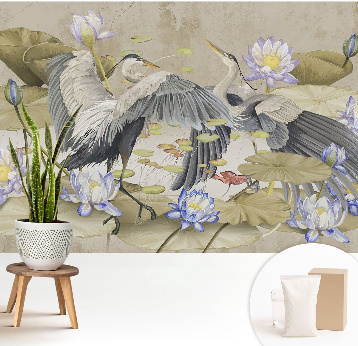 Wallfluent Fotobehang - Beige Vliesbehang - 208x146 cm - Vogels En Lelies Fotobehang Vlies - Woonkamer behang Dieren - Muurschildering - Hal behang