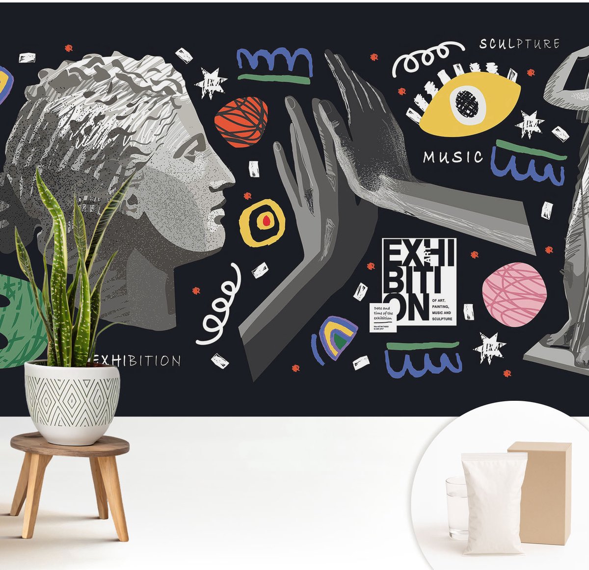 Wallfluent Fotobehang - Zwart Vliesbehang - 208x146 cm - Een Kleurrijke Tentoonstelling Muurschildering - Gang behang Deel - Fotobehang Vlies - Slaapkamer behang