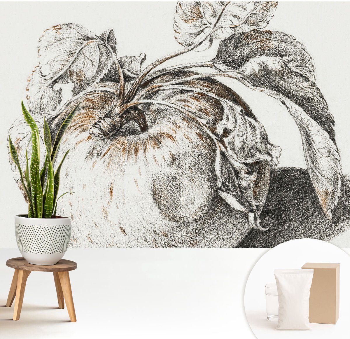 Wallfluent Fotobehang - Grijs Vliesbehang - 208x146 cm - Appelbladeren Muurschildering - Slaapkamer behang Deel - Fotobehang Vlies - Gang behang