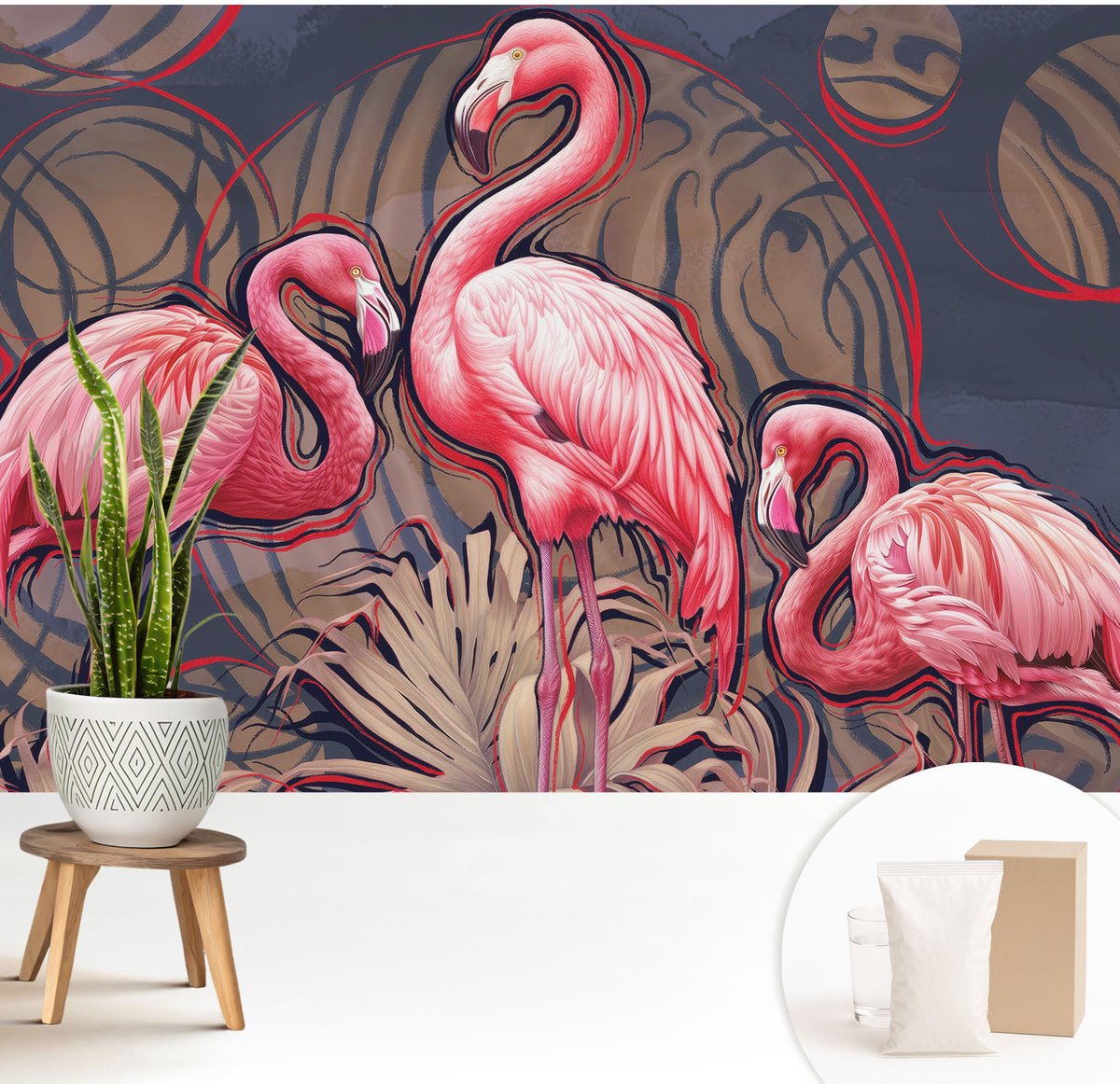 Wallfluent Fotobehang - Roze Vliesbehang - 208x146 cm - Roze Flamingo'S Muurschildering - Slaapkamer behang Dieren - Fotobehang Vlies - Slaapkamer behang