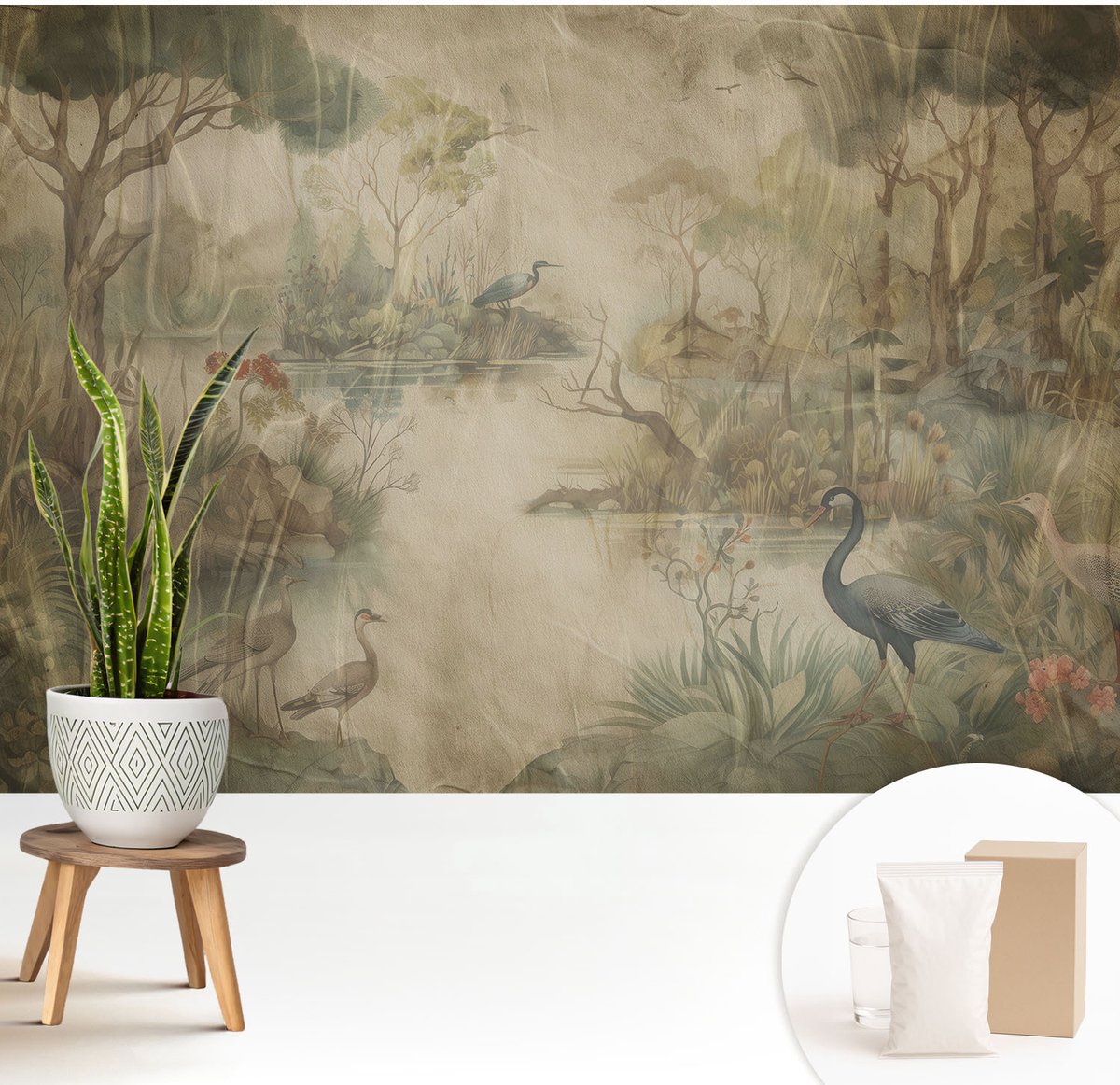 Wallfluent Fotobehang - Beige Vliesbehang - 208x146 cm - Boslandschap Muurschildering - Gang behang Bloemen En Planten - Fotobehang Vlies - Gang behang