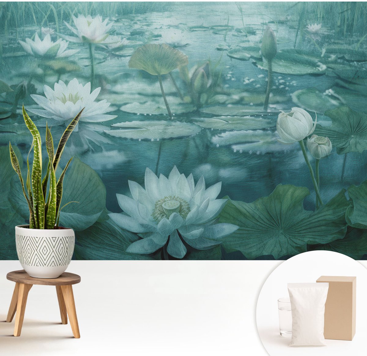 Wallfluent Fotobehang - Zwart-Wit Vliesbehang - 208x146 cm - Waterbloemen Fotobehang Vlies - Hal behang Bloemen En Planten - Muurschildering - Woonkamer behang