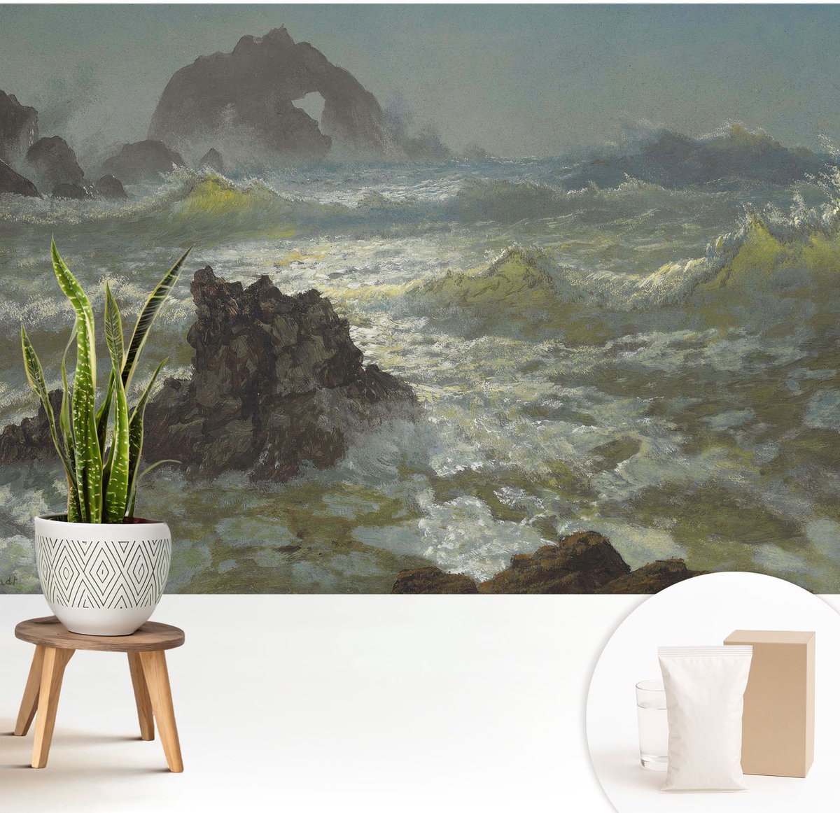 Wallfluent Fotobehang - Grijs Vliesbehang - 208x146 cm - Stormachtige Zee Fotobehang Vlies - Woonkamer behang Landschappen - Muurschildering - Woonkamer behang