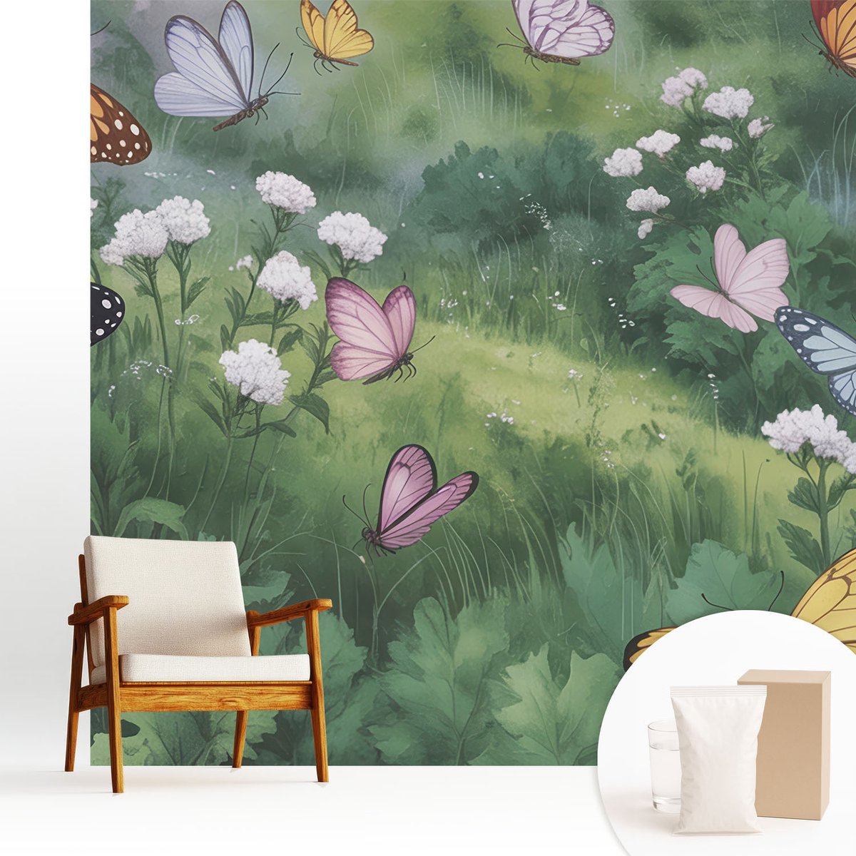 Wallfluent Fotobehang - Groente Vliesbehang - 250x250 cm - Vlinders In De Weide Fotobehang Vlies - Hal behang Bloemen En Planten - Muurschildering - Hal behang