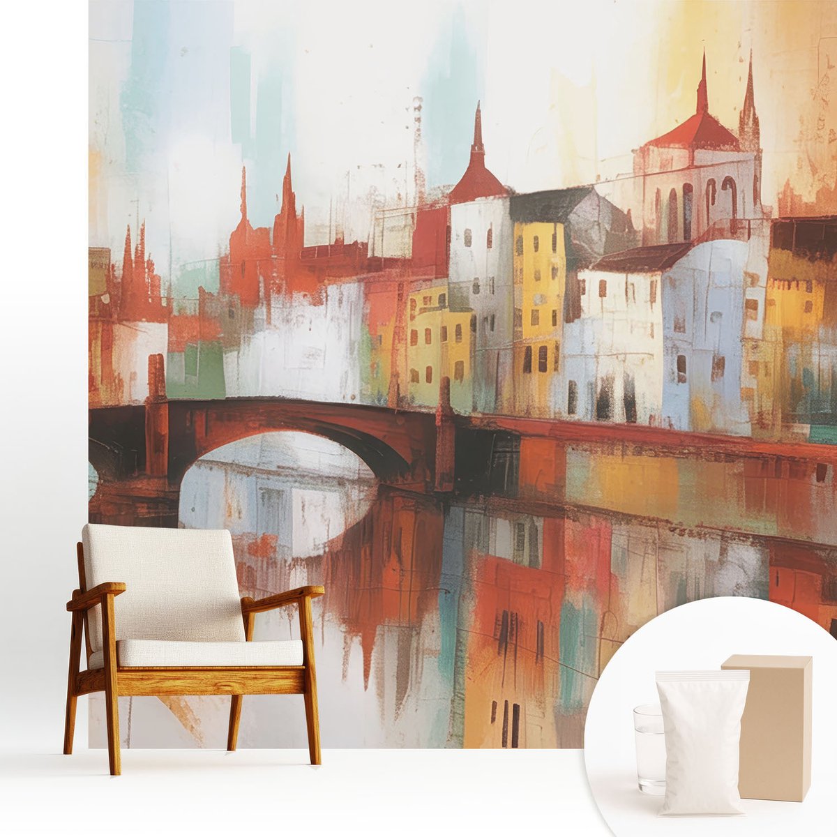 Wallfluent Fotobehang - Oranje Vliesbehang - 250x250 cm - Stadslandschap Fotobehang Vlies - Hal behang Architectuur - Muurschildering - Hal behang