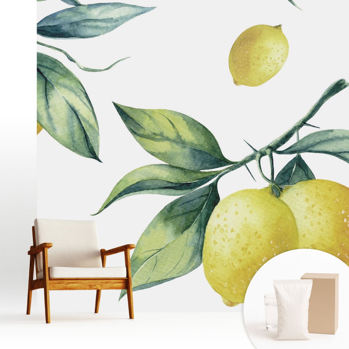 Wallfluent Fotobehang - Geel Vliesbehang - 250x250 cm - Citroenmotief Fotobehang Vlies - Hal behang Bloemen En Planten - Muurschildering - Woonkamer behang