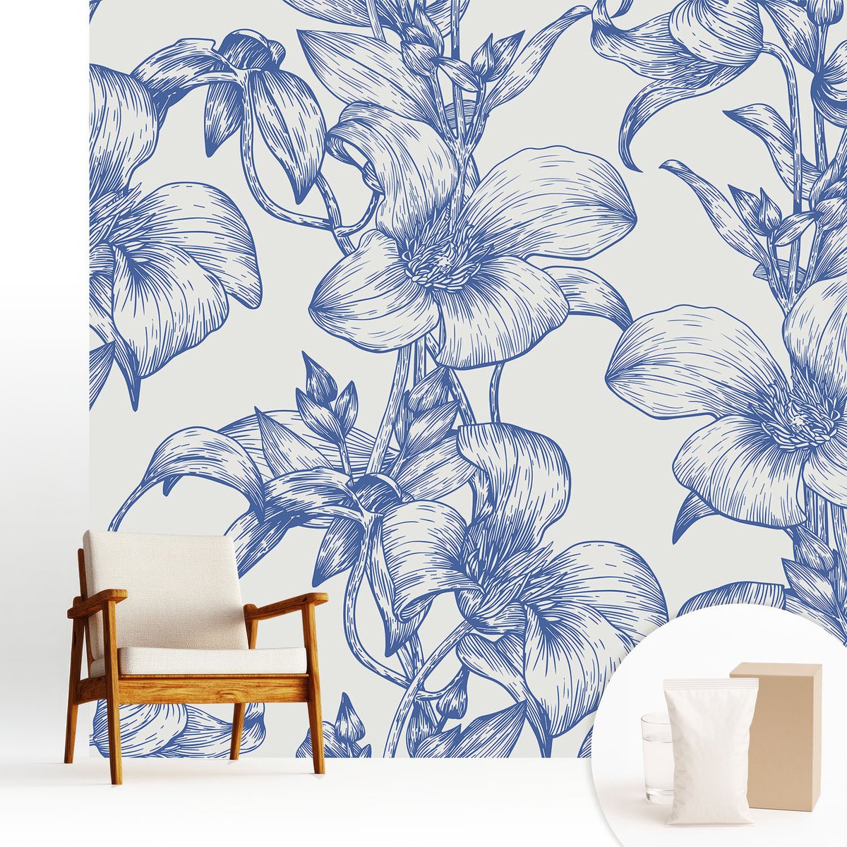 Wallfluent Fotobehang - Wit Vliesbehang - 250x250 cm - Bloemtakken Fotobehang Vlies - Woonkamer behang Bloemen En Planten - Muurschildering - Hal behang