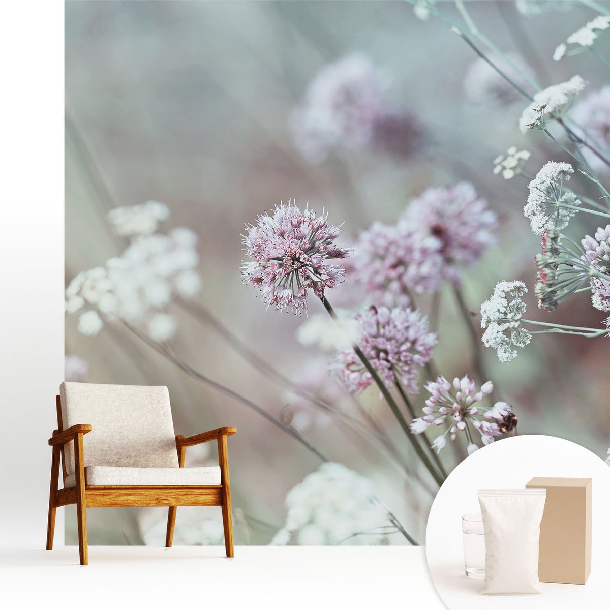 Wallfluent Fotobehang - Wit Vliesbehang - 250x250 cm - Wilde Bloemen Muurschildering - Slaapkamer behang Bloemen En Planten - Fotobehang Vlies - Slaapkamer behang