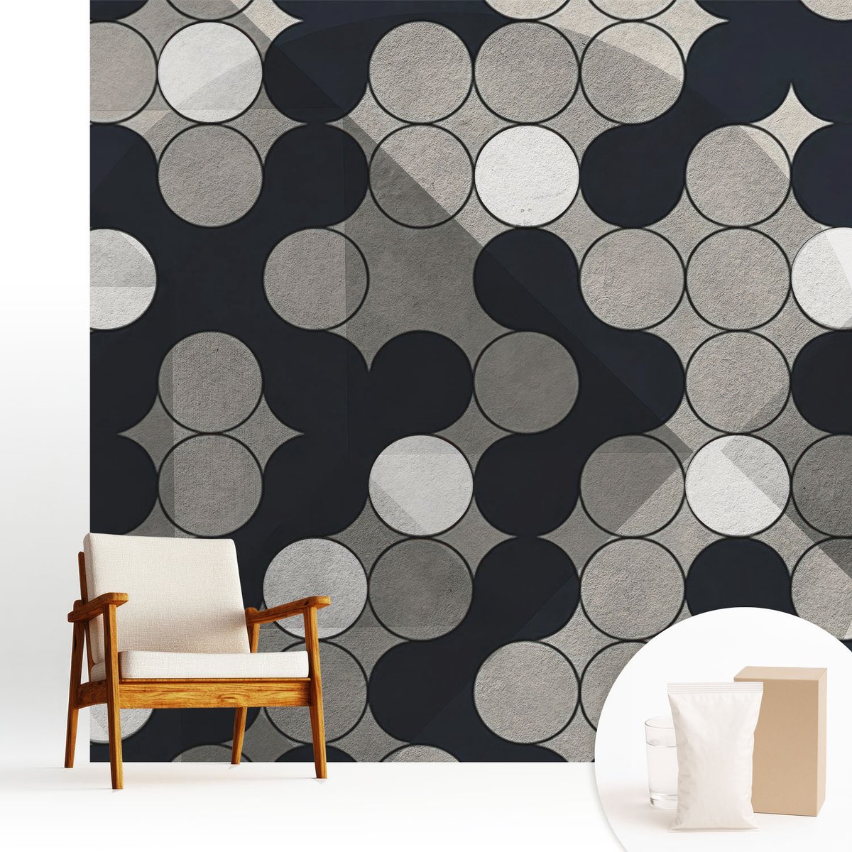 Wallfluent Fotobehang - Zwart Vliesbehang - 250x250 cm - Geometrische Cirkels Muurschildering - Gang behang Geometrie - Fotobehang Vlies - Gang behang