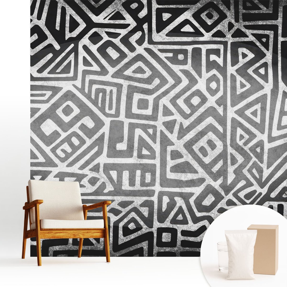 Wallfluent Fotobehang - Zwart-Wit Vliesbehang - 250x250 cm - Geometrisch Doolhof Muurschildering - Gang behang Geometrie - Fotobehang Vlies - Gang behang