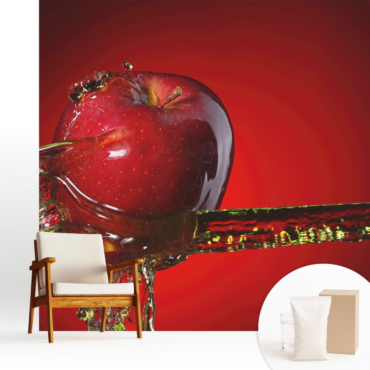 Wallfluent Fotobehang - Rood Vliesbehang - 250x250 cm - Sappige Energie Fotobehang Vlies - Hal behang Voedsel - Muurschildering - Woonkamer behang