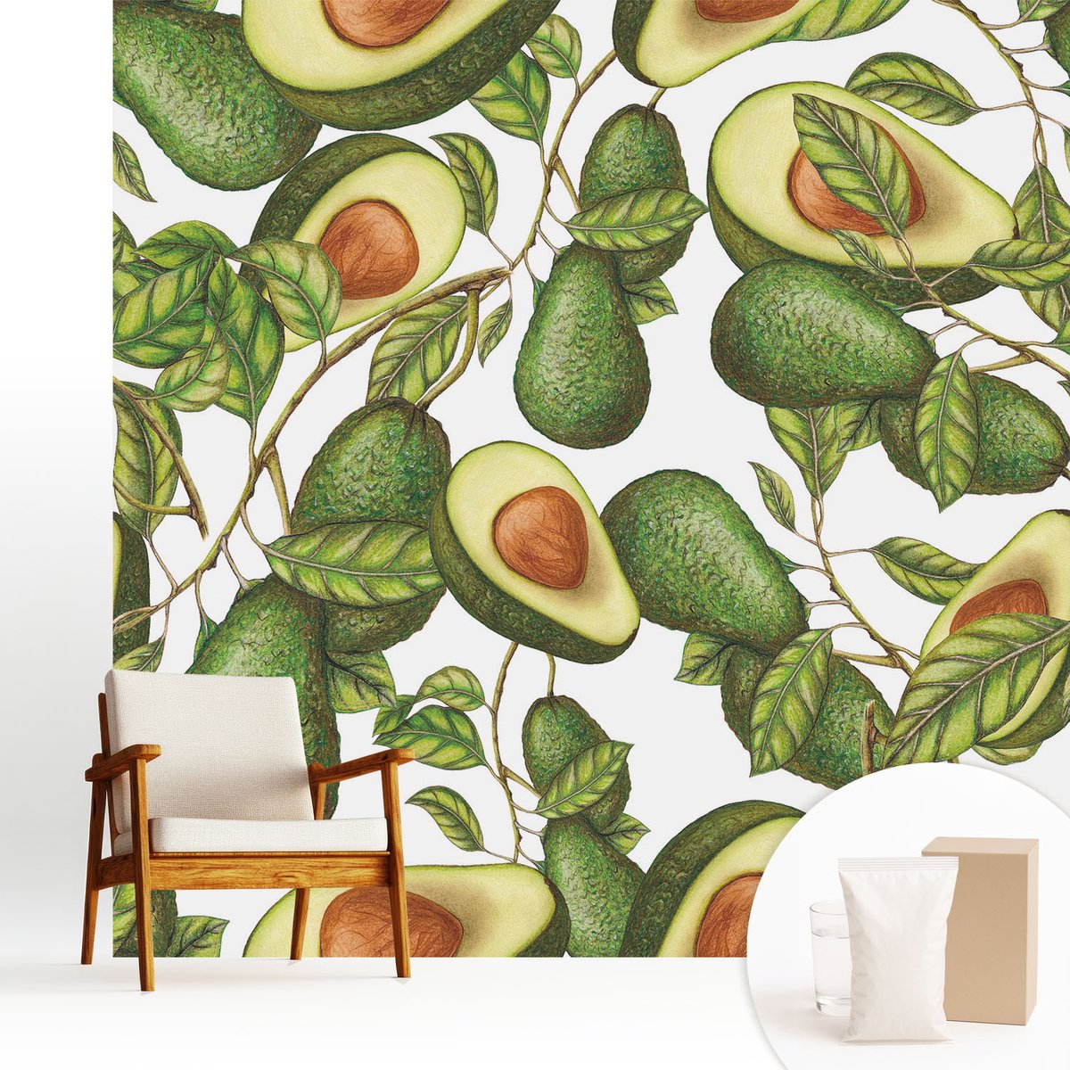 Wallfluent Fotobehang - Groente Vliesbehang - 250x250 cm - Avocado-Patroon Muurschildering - Gang behang Voedsel - Fotobehang Vlies - Slaapkamer behang