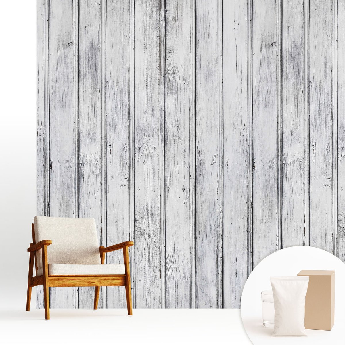 Wallfluent Fotobehang - Wit Vliesbehang - 250x250 cm - Houten Planken Fotobehang Vlies - Hal behang Texturen - Muurschildering - Hal behang