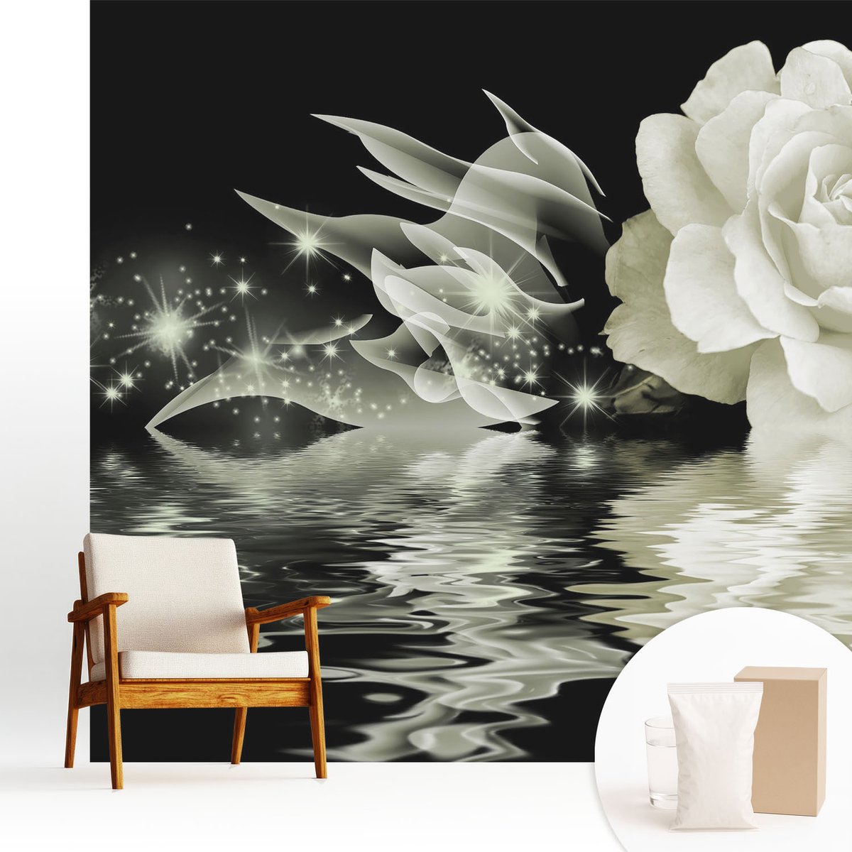 Wallfluent Fotobehang - Wit Vliesbehang - 250x250 cm - Lichtgevende Roos Muurschildering - Slaapkamer behang Bloemen En Planten - Fotobehang Vlies - Gang behang
