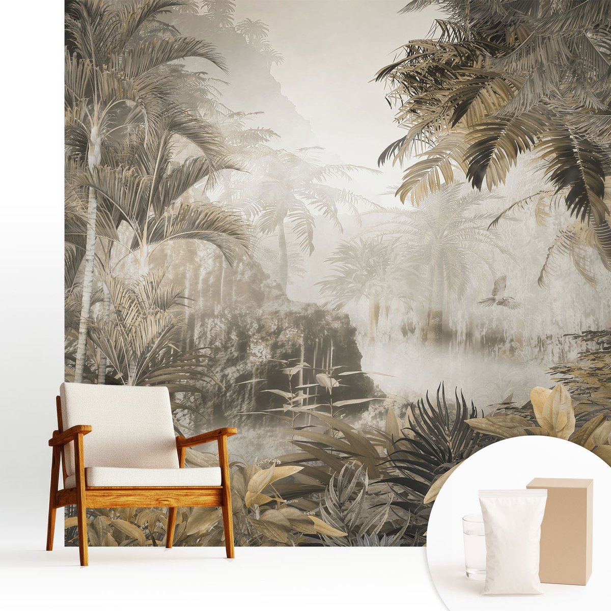 Wallfluent Fotobehang - Grijs Vliesbehang - 250x250 cm - Tropisch Bos Fotobehang Vlies - Hal behang Bloemen En Planten - Muurschildering - Woonkamer behang