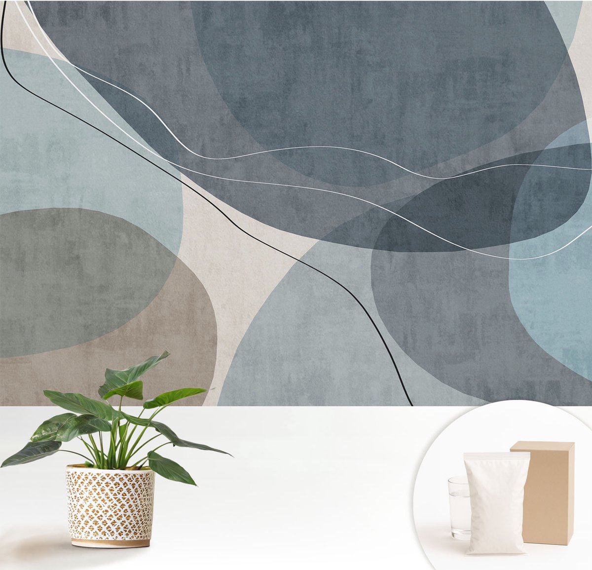 Wallfluent Fotobehang - Blauw Vliesbehang - 152x104 cm - Moderne Abstractie Fotobehang Vlies - Woonkamer behang Abstractie - Muurschildering - Woonkamer behang