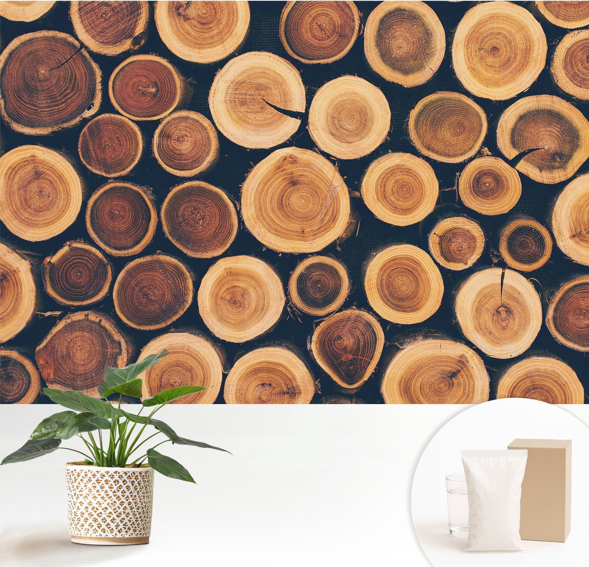 Wallfluent Fotobehang - Bruin Vliesbehang - 152x104 cm - Houten Cirkels Muurschildering - Slaapkamer behang Texturen - Fotobehang Vlies - Slaapkamer behang