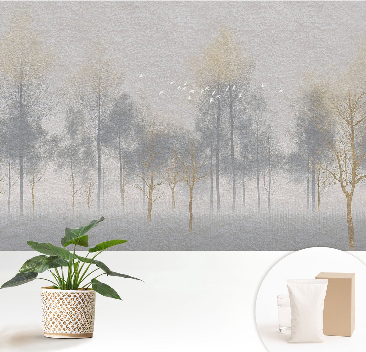 Wallfluent Fotobehang - Grijs Vliesbehang - 152x104 cm - Bosharmonie Muurschildering - Gang behang Landschappen - Fotobehang Vlies - Slaapkamer behang