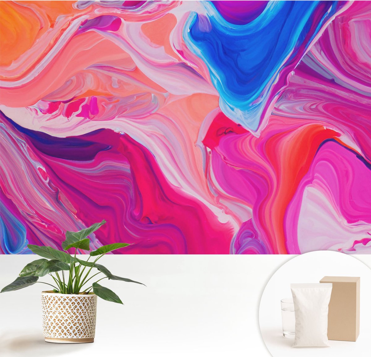 Wallfluent Fotobehang - Roze Vliesbehang - 152x104 cm - Vloeibare Golven Fotobehang Vlies - Hal behang Abstractie - Muurschildering - Woonkamer behang
