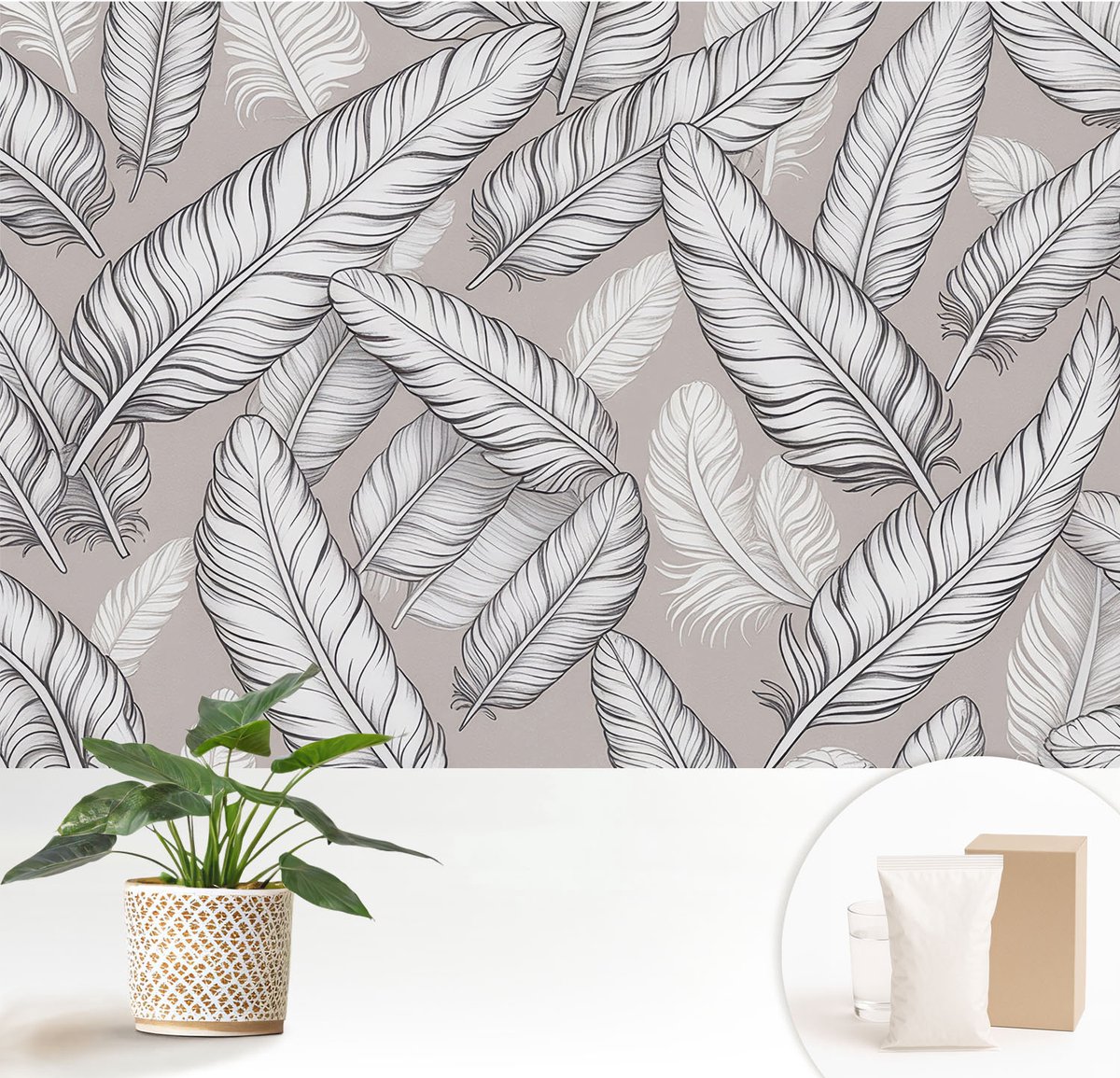 Wallfluent Fotobehang - Grijs Vliesbehang - 152x104 cm - Subtiele Veren Fotobehang Vlies - Woonkamer behang Achtergronden En Patronen - Muurschildering - Woonkamer behang