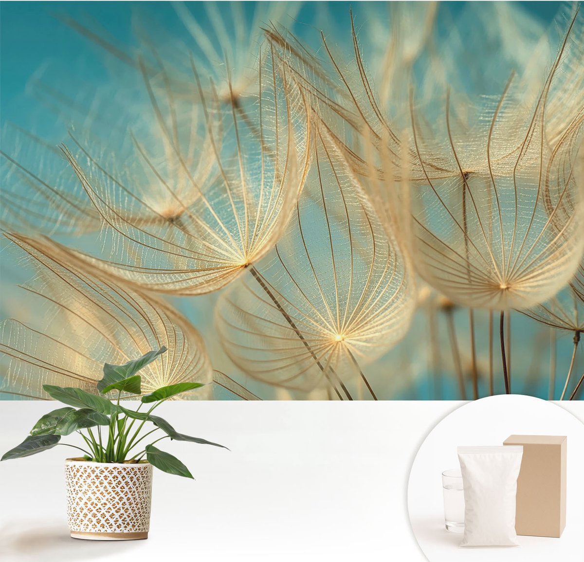 Wallfluent Fotobehang - Beige Vliesbehang - 152x104 cm - Etherische Paardenbloemen Fotobehang Vlies - Woonkamer behang Bloemen En Planten - Muurschildering - Woonkamer behang